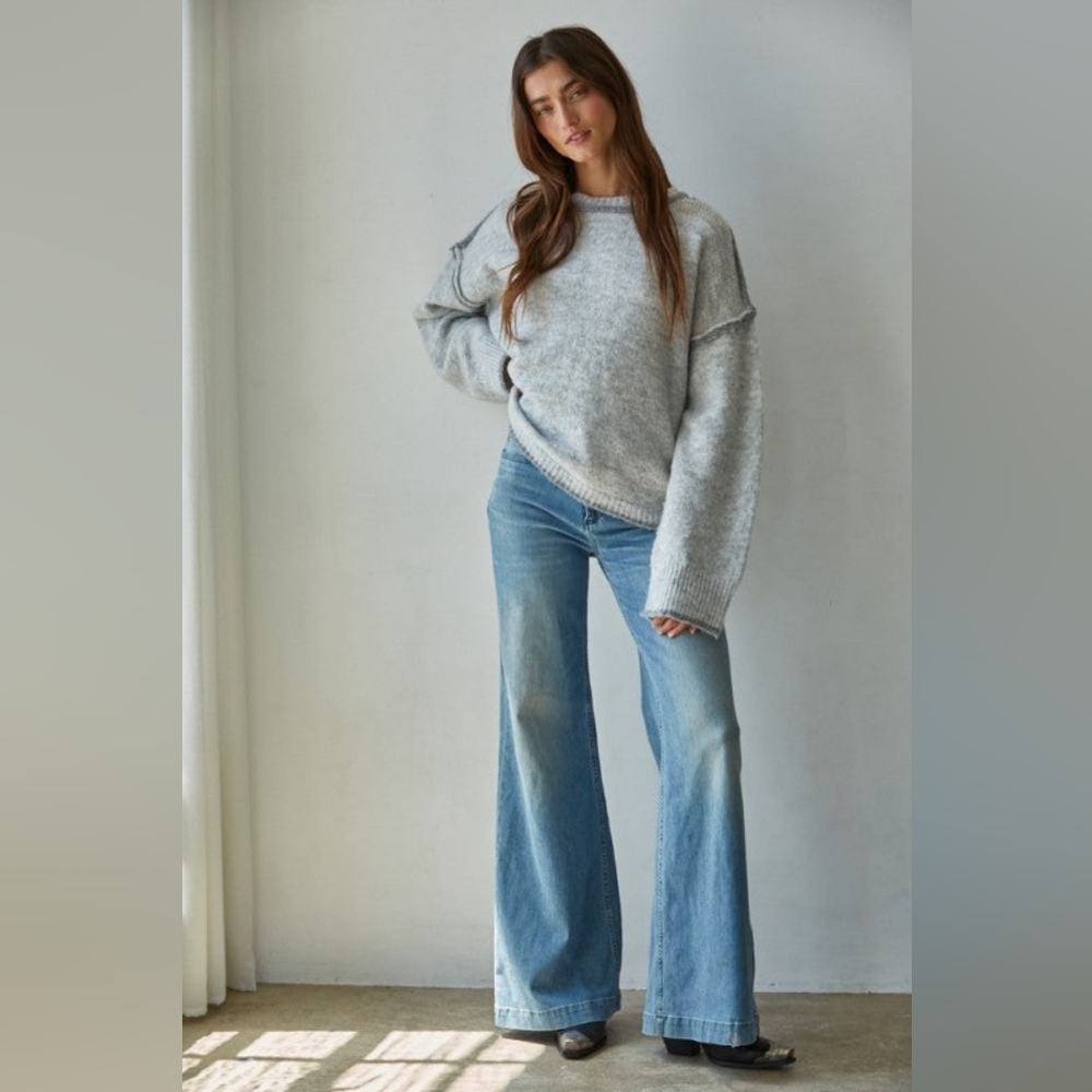 By Together Oversized Gray Exposed Seam Fuzzy Soft Knit Stretch Sweater Boutique - Picture 2 of 6